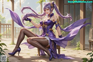 A woman in a purple dress sitting on a wooden bench.