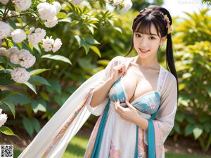 A woman in a pink kimono is posing for the camera.