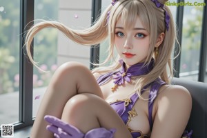 A woman in a purple and white outfit sitting on a rock.