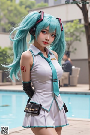 A woman with long green hair wearing a white shirt and black skirt.