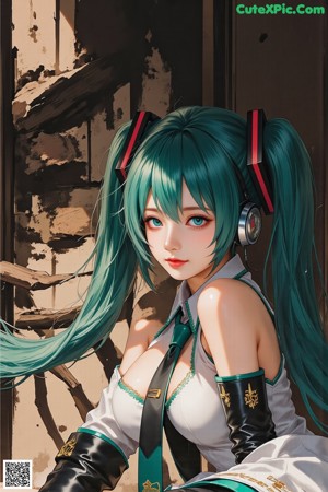 A woman with long green hair standing in a hallway.