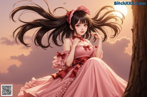 a woman in a pink dress sitting on a couch