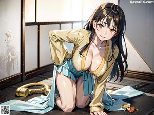 A woman in a blue dress holding a flower in her hand.