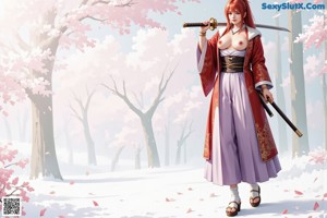 A woman in traditional attire holds a sword, with cherry blossoms in the background.