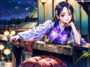 A woman in a kimono sitting on a wooden platform.
