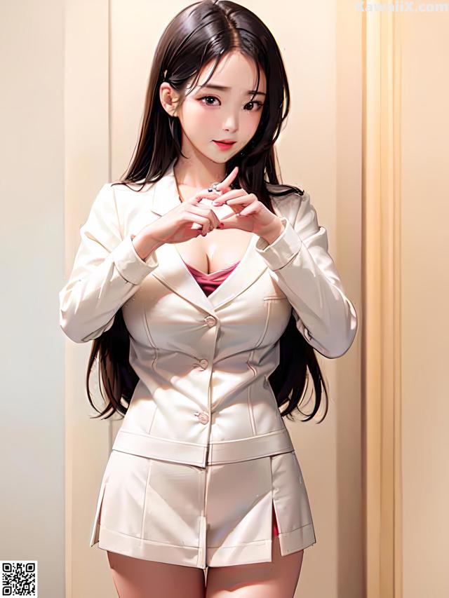 A woman in a white suit is posing for a picture.