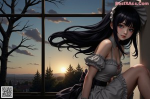 A woman in a white dress standing in front of a window.