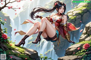 A woman with long black hair and a flower in her hair.