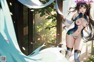 A woman with long black hair standing in front of a flowering tree.