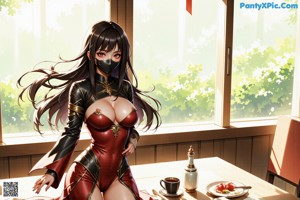 A woman in a black and red outfit with a red cape.