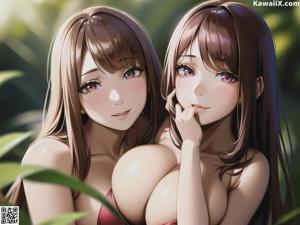 A naked anime girl with long black hair sitting on a bed.