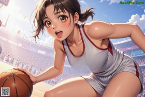 A woman sitting on a basketball court next to a basketball hoop.