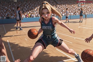 A woman sitting on a basketball court next to a basketball hoop.