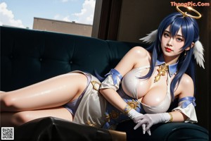 A woman with blue hair and a crown on her head.