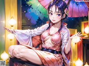 A woman in a blue kimono sitting on a chair.