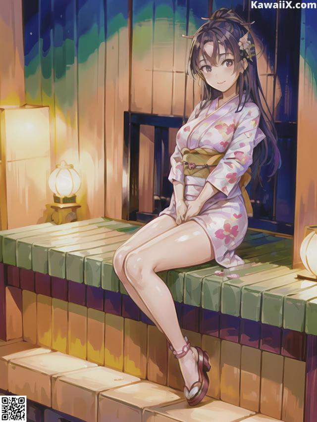 A woman in a kimono sitting on a bench.