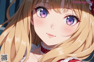 A woman in a red and white dress with long blonde hair.