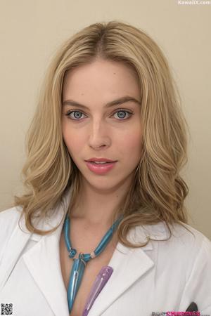 A woman with a necklace of pearls on her neck.