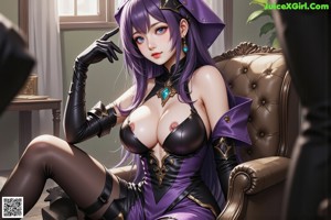 A woman in a purple outfit holding a sword.