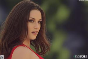 A woman in a red bra and green panties posing for a picture.
