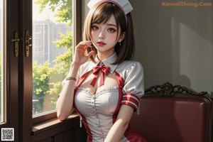 A woman in a nurse uniform is posing on a hospital bed.