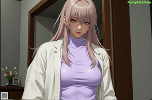 A woman in a maid outfit sitting on a bed.