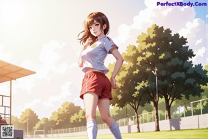 A girl with long brown hair wearing a blue and white shirt.