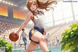 A girl in a basketball uniform holding a basketball.