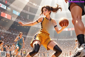 A woman in a green and white uniform holding a basketball.