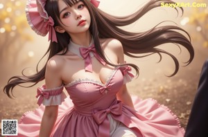A woman in a pink dress and hat standing on a beach.